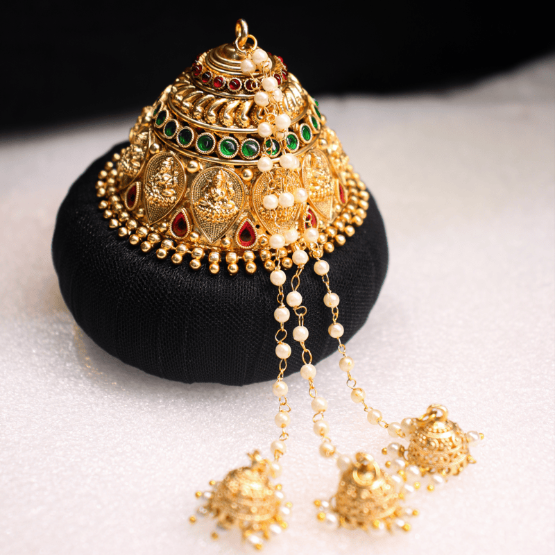 Andal Kondai - Goddes Lakshmi in Matte Antique Finish & Real Kempstones Ethnic Hair Accessory