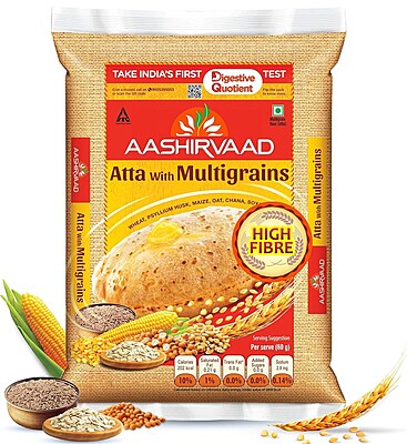 10lb bag of Aashirvaad Multigrain Atta, enriched with 6 natural grains for healthy rotis.