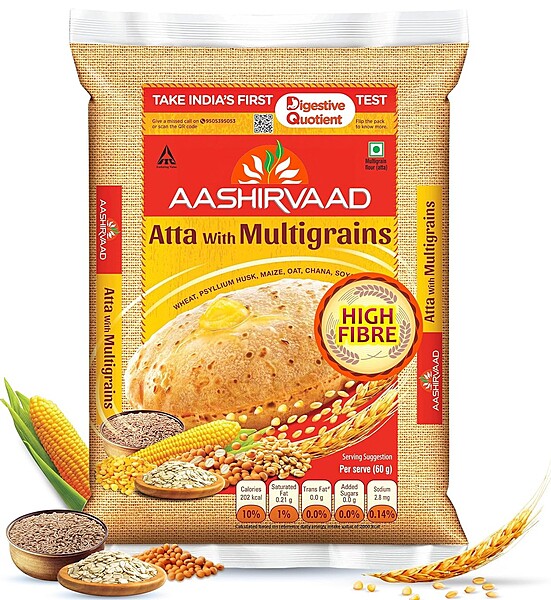 10lb bag of Aashirvaad Multigrain Atta, enriched with 6 natural grains for healthy rotis.