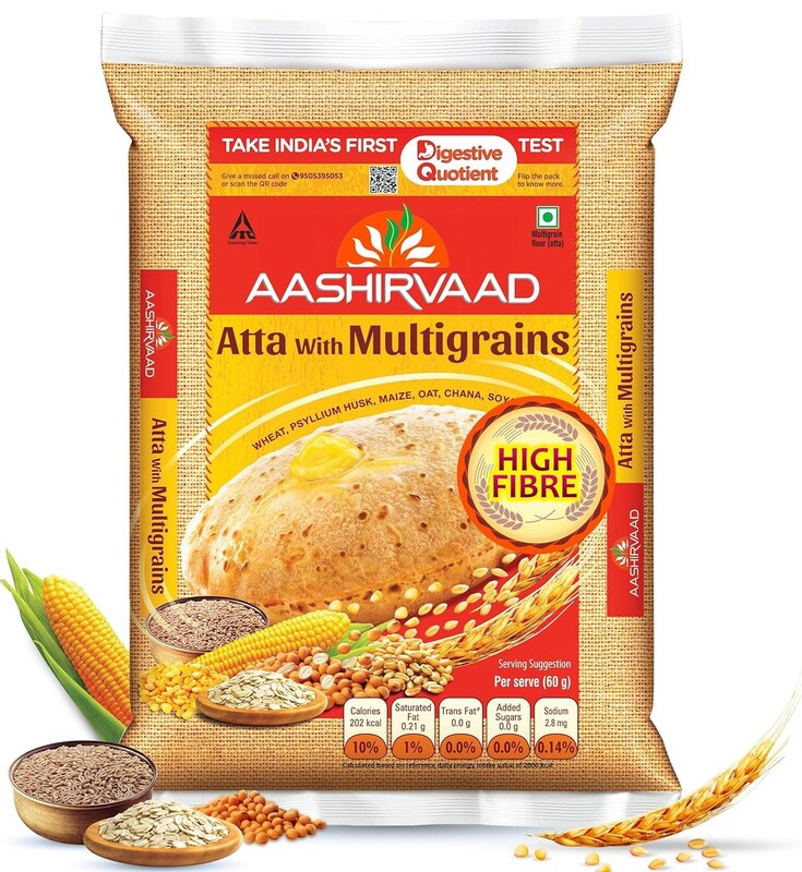 10lb bag of Aashirvaad Multigrain Atta, enriched with 6 natural grains for healthy rotis.