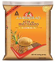 20lb bag of Aashirvaad Multigrain Atta, enriched with 6 natural grains for healthy rotis.