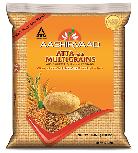 20lb bag of Aashirvaad Multigrain Atta, enriched with 6 natural grains for healthy rotis.