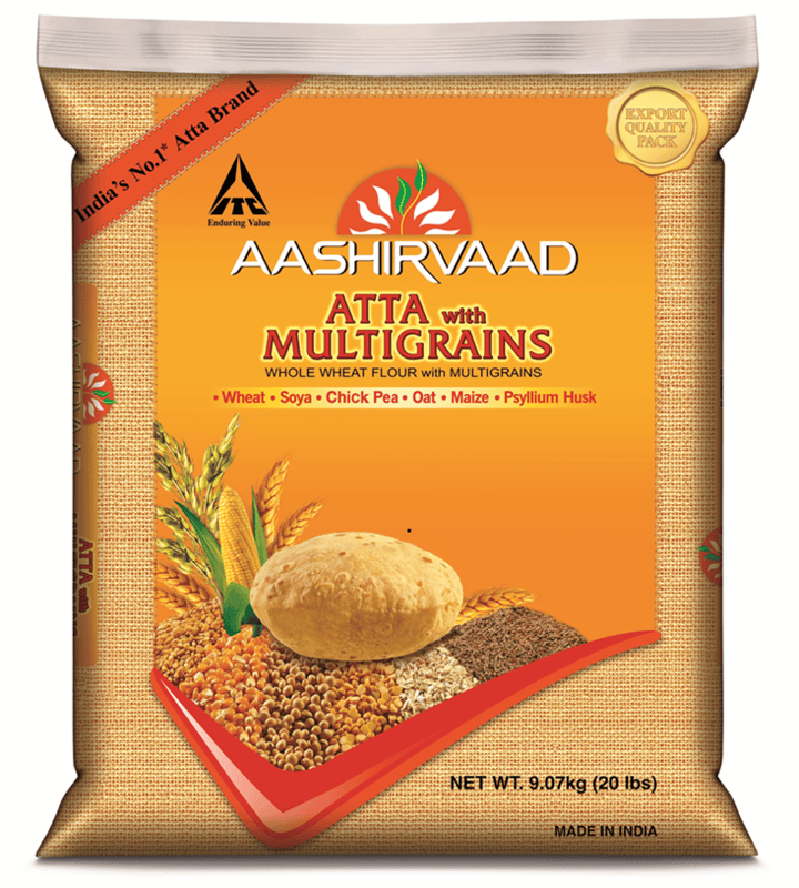 20lb bag of Aashirvaad Multigrain Atta, enriched with 6 natural grains for healthy rotis.