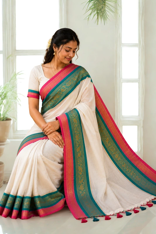 Mul cotton with Kanchi Border White With Pink and Green