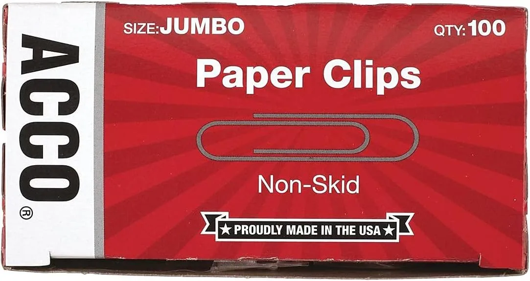 ACCO Economy Non-Skid Paper Clips, 1000 Total, Jumbo, Silver, 100 Per Box, Pack Of 10 Boxes