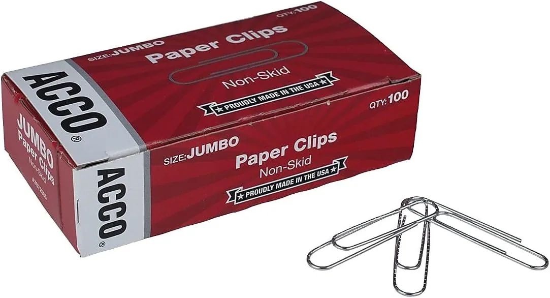ACCO Economy Non-Skid Paper Clips, 1000 Total, Jumbo, Silver, 100 Per Box, Pack Of 10 Boxes