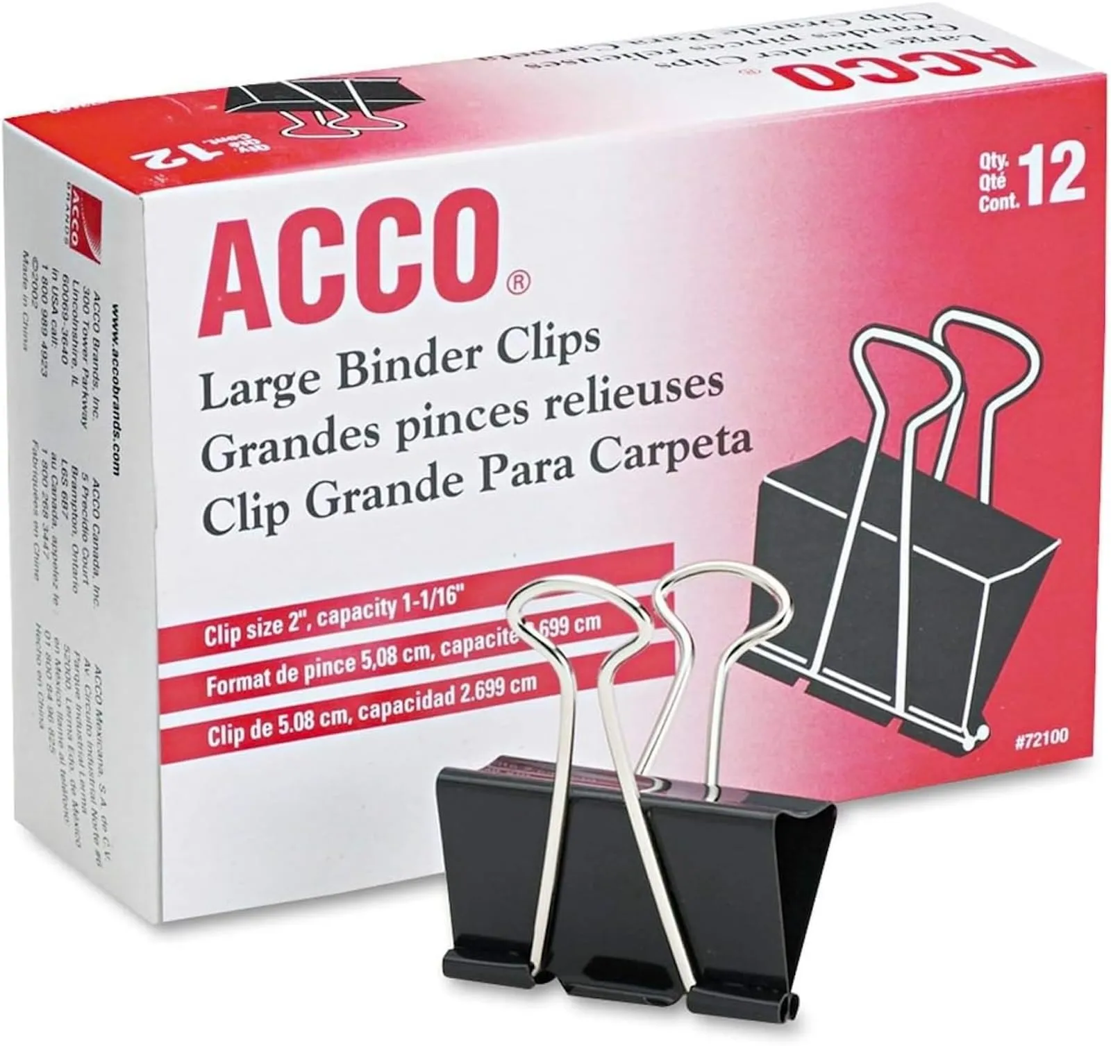 ACCO Binder Clips, Large 2" Wide, Box of 12 (72100)