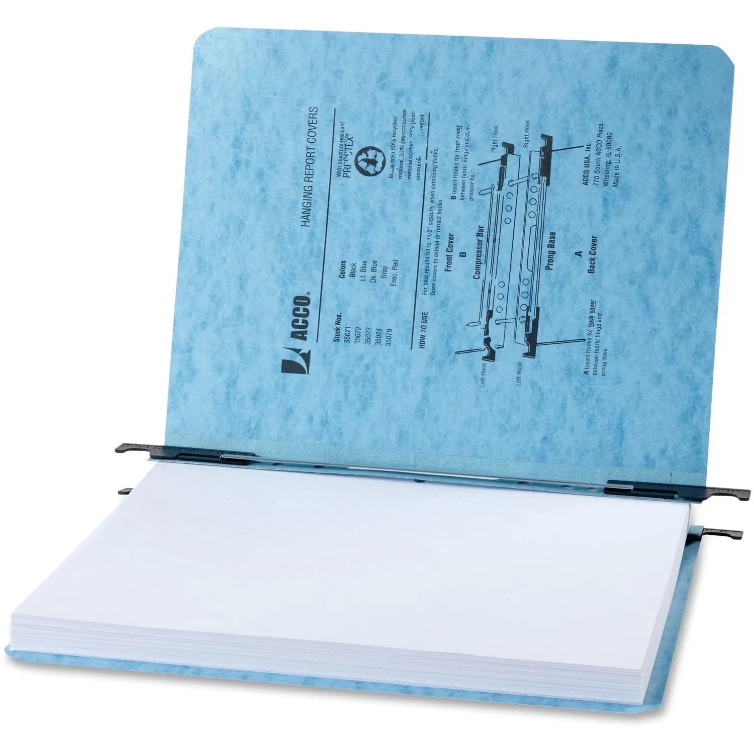 ACCO PRESSTEX Hanging Report Covers, 11 x 8.5 in, 2in Capacity, Light Blue, 5-Pack