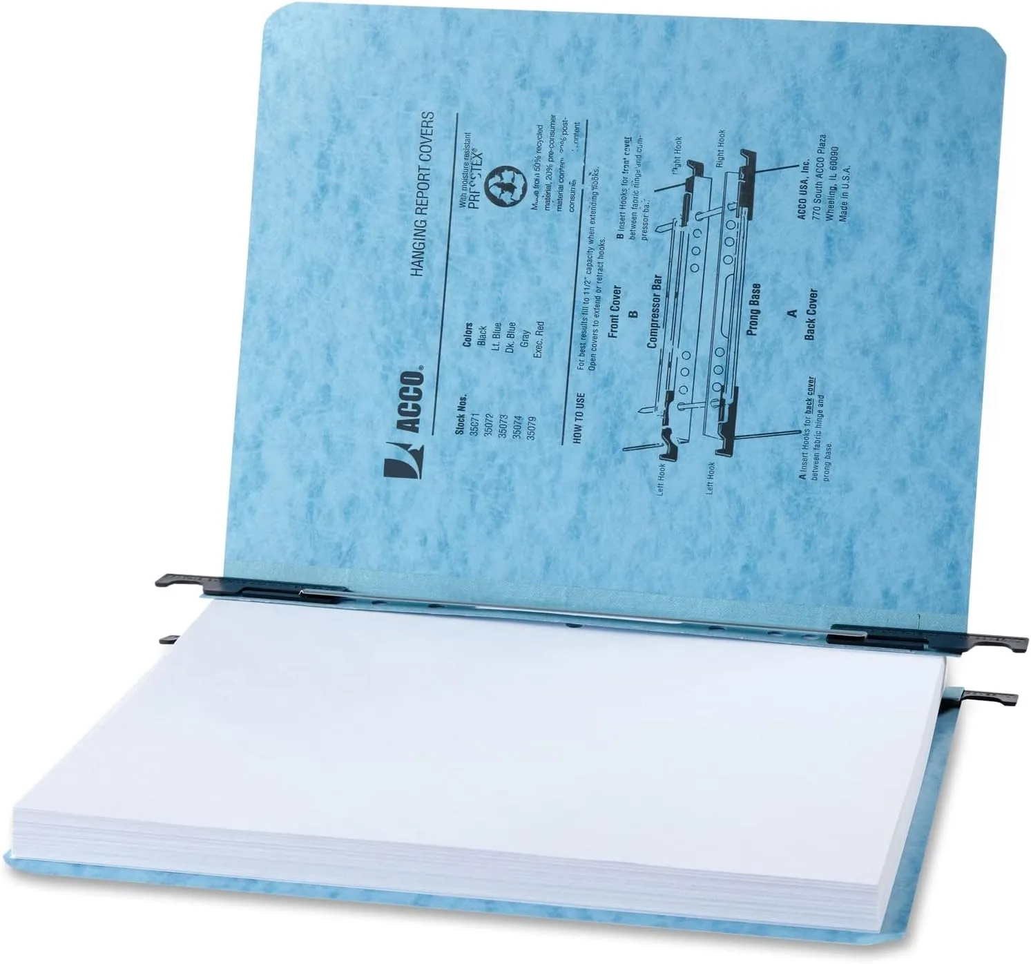 ACCO PRESSTEX Hanging Report Covers, 11 x 8.5 in, 2in Capacity, Light Blue, 5-Pack