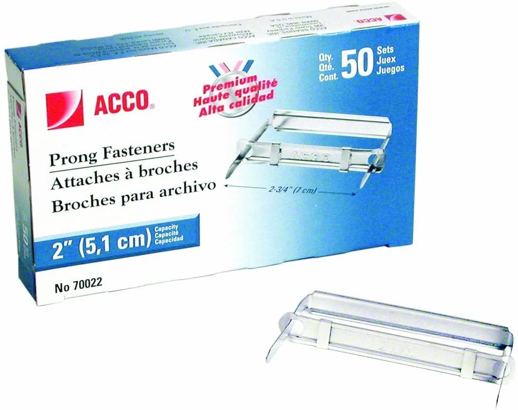 ACCO Brands Premium Prong Fastener for Standard 2-Hole Punch, Complete Set, 2-Inch Capacity, Box of 50 (A7070022)