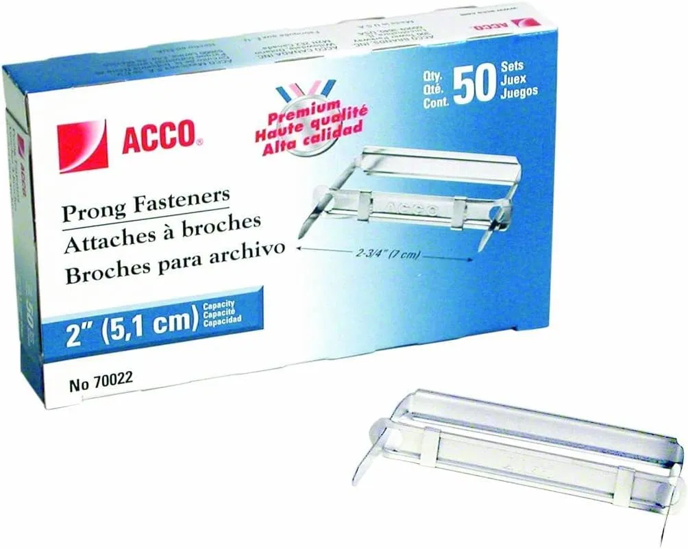 ACCO Brands Premium Prong Fastener for Standard 2-Hole Punch, Complete Set, 2-Inch Capacity, Box of 50 (A7070022)