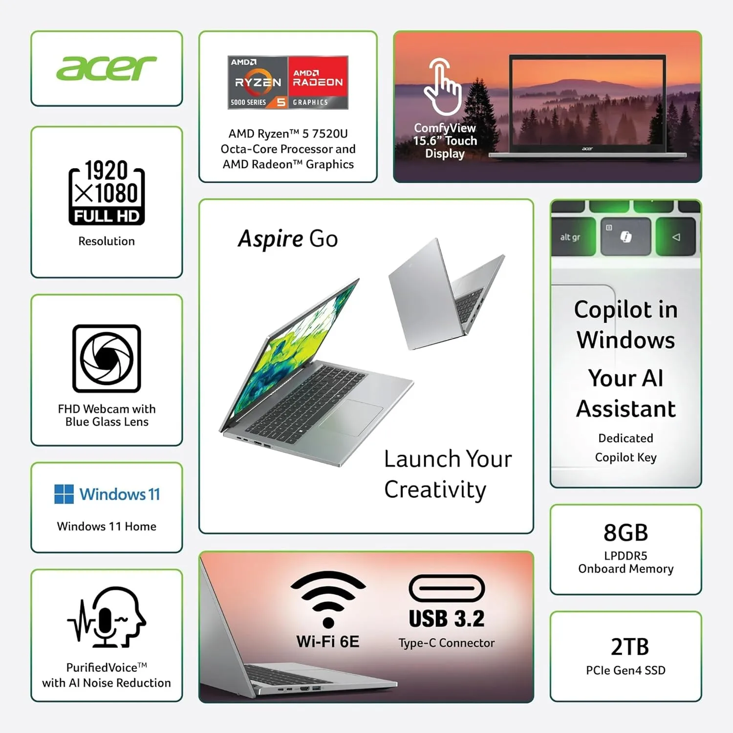 Acer Aspire Go 15.6" FHD Touchscreen Laptop - Ryzen 5, 8GB, 2TB SSD, Windows 11