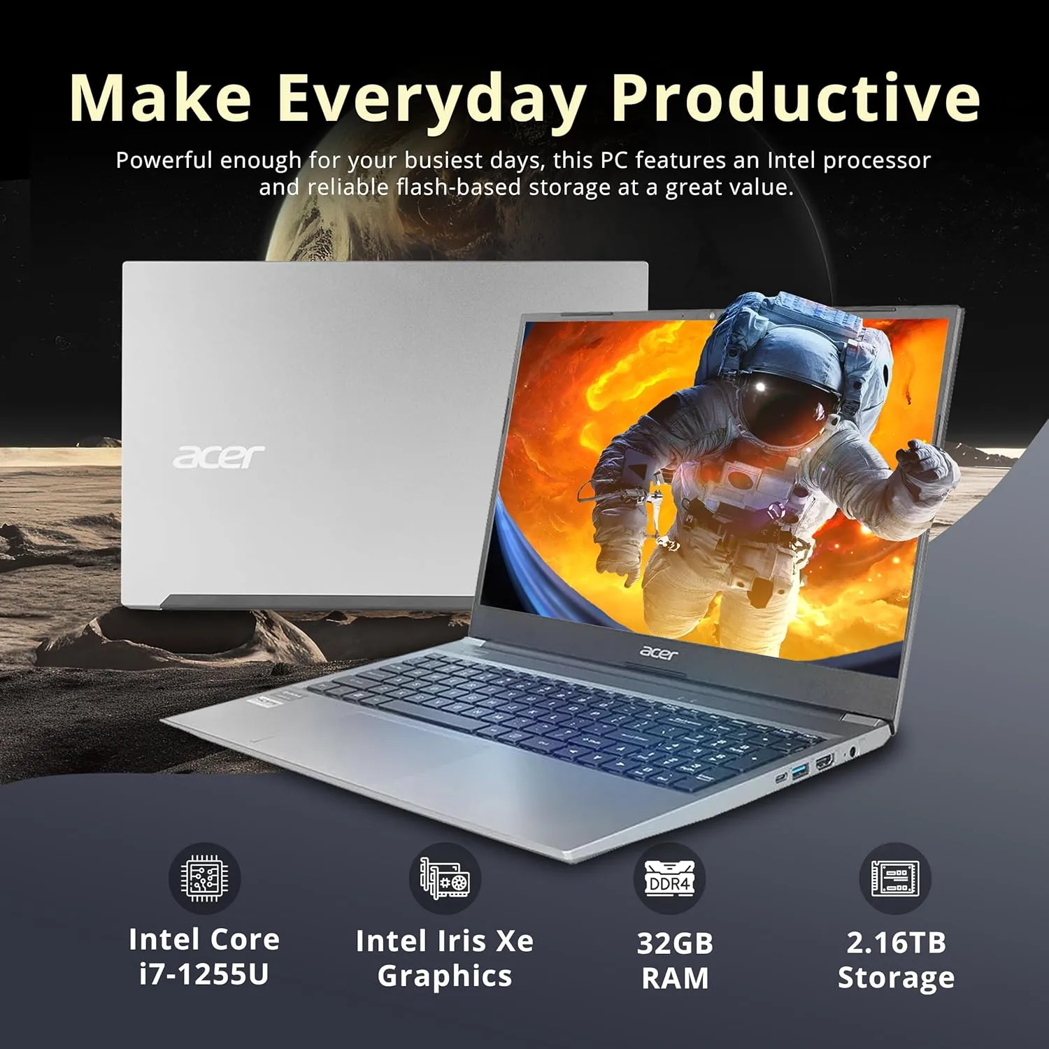 Acer Aspire Lite 15.6" FHD Laptop - i7-1255U, 32GB, 2.16TB, Backlit, Gray