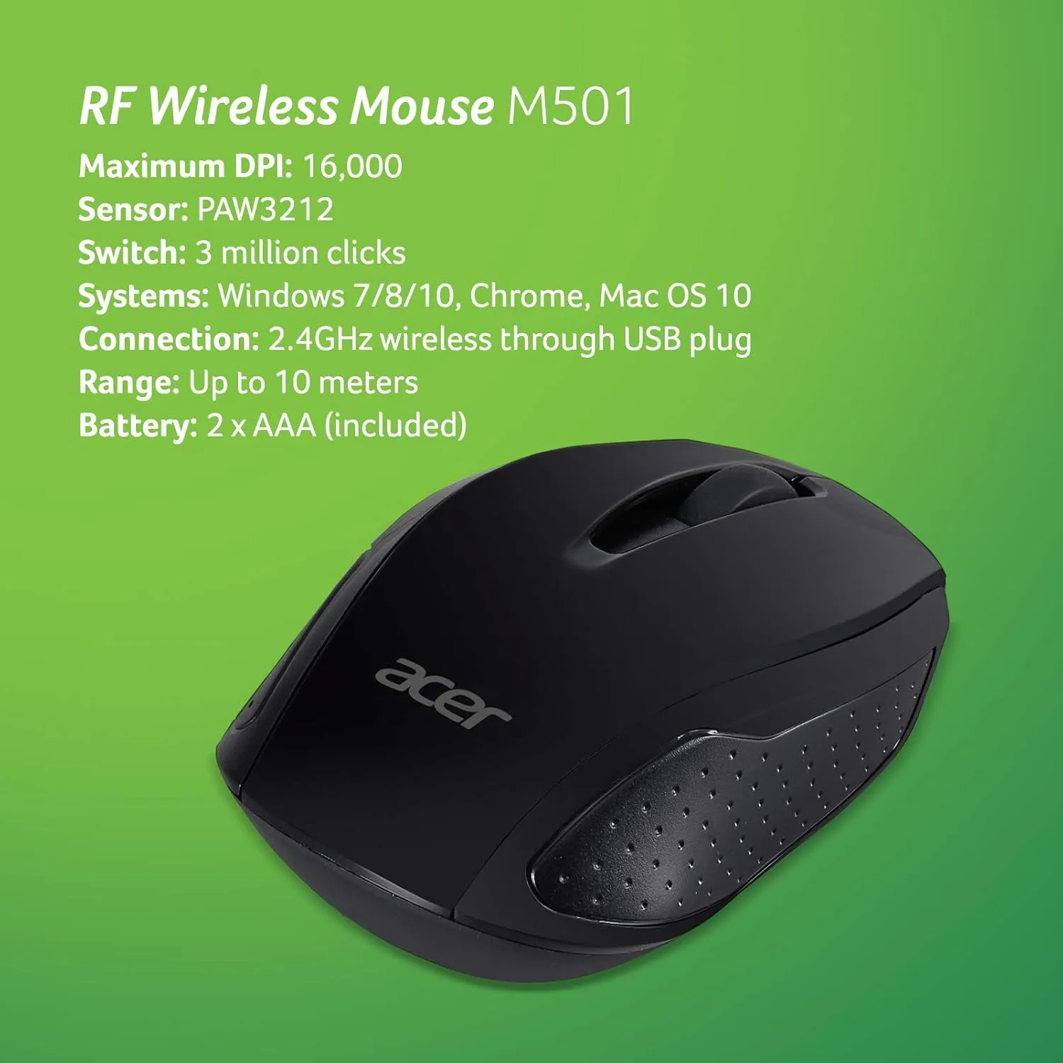 ACER Wireless Mouse 2.4GHz USB Receiver 1600 DPI Ambidextrous