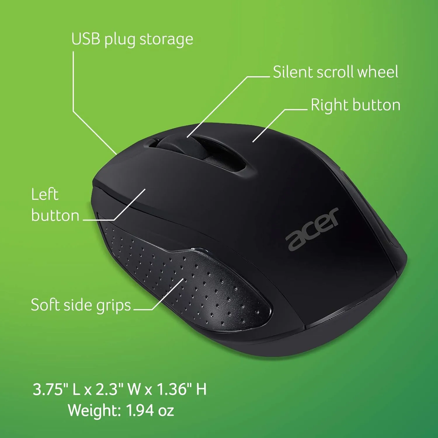 ACER Wireless Mouse 2.4GHz USB Receiver 1600 DPI Ambidextrous