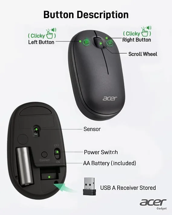 ACER Wireless Mouse 2.4GHz USB Receiver 1600 DPI Ambidextrous