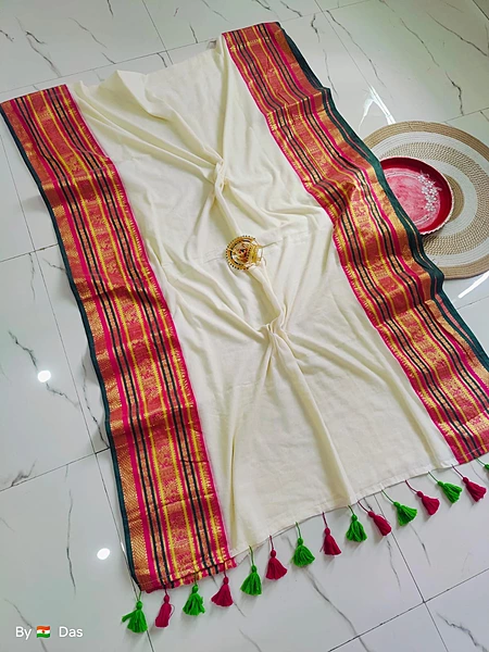 Mulcotton Saree with Kanjee Border- Offwhite Color