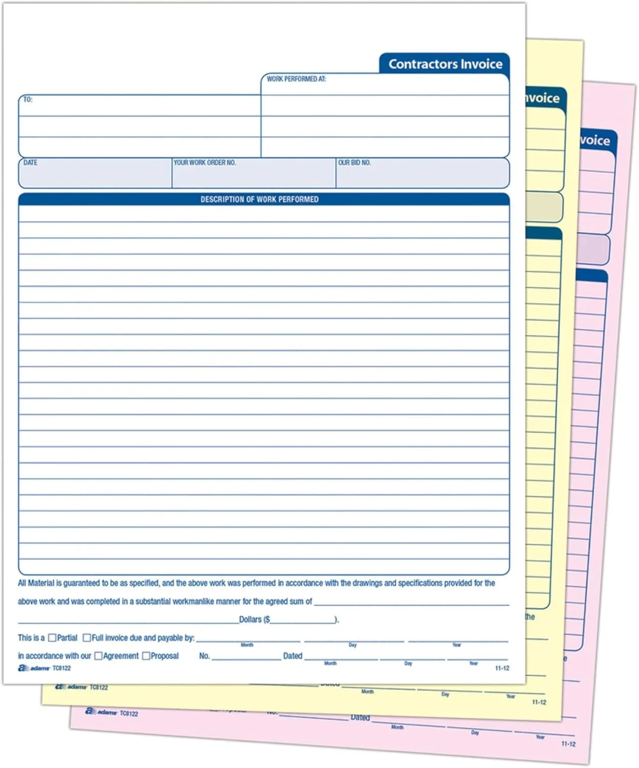 Adams Contractor’s Invoice Book, 3-Part, 50 Sets per Book, 50 Pages (ABFTC8122) 1-Pack