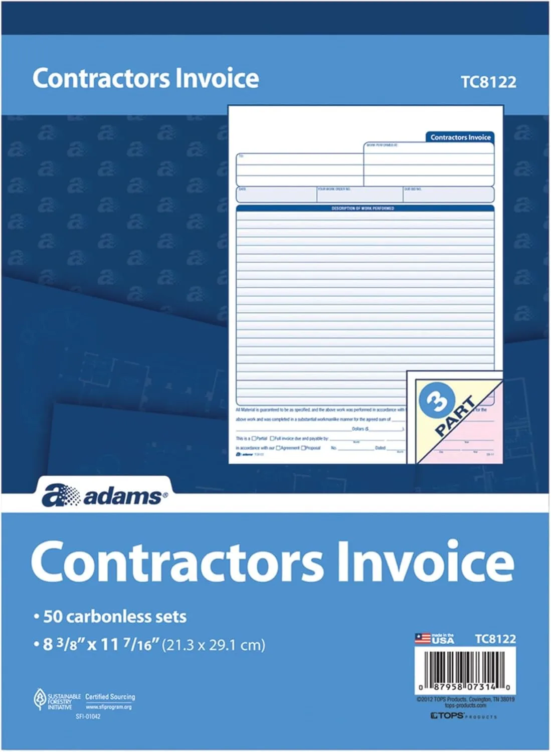 Adams Contractor’s Invoice Book, 3-Part, 50 Sets per Book, 50 Pages (ABFTC8122) 1-Pack