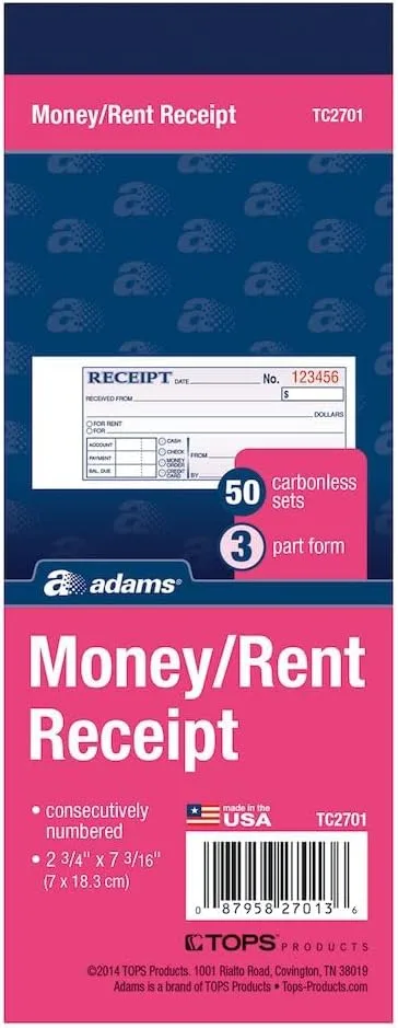 Adams Money/Rent Receipt Book, Carbonless, 3-Part, 2-3/4 x 7-3/16 Inches, 50 Sets per Book (TC2701)