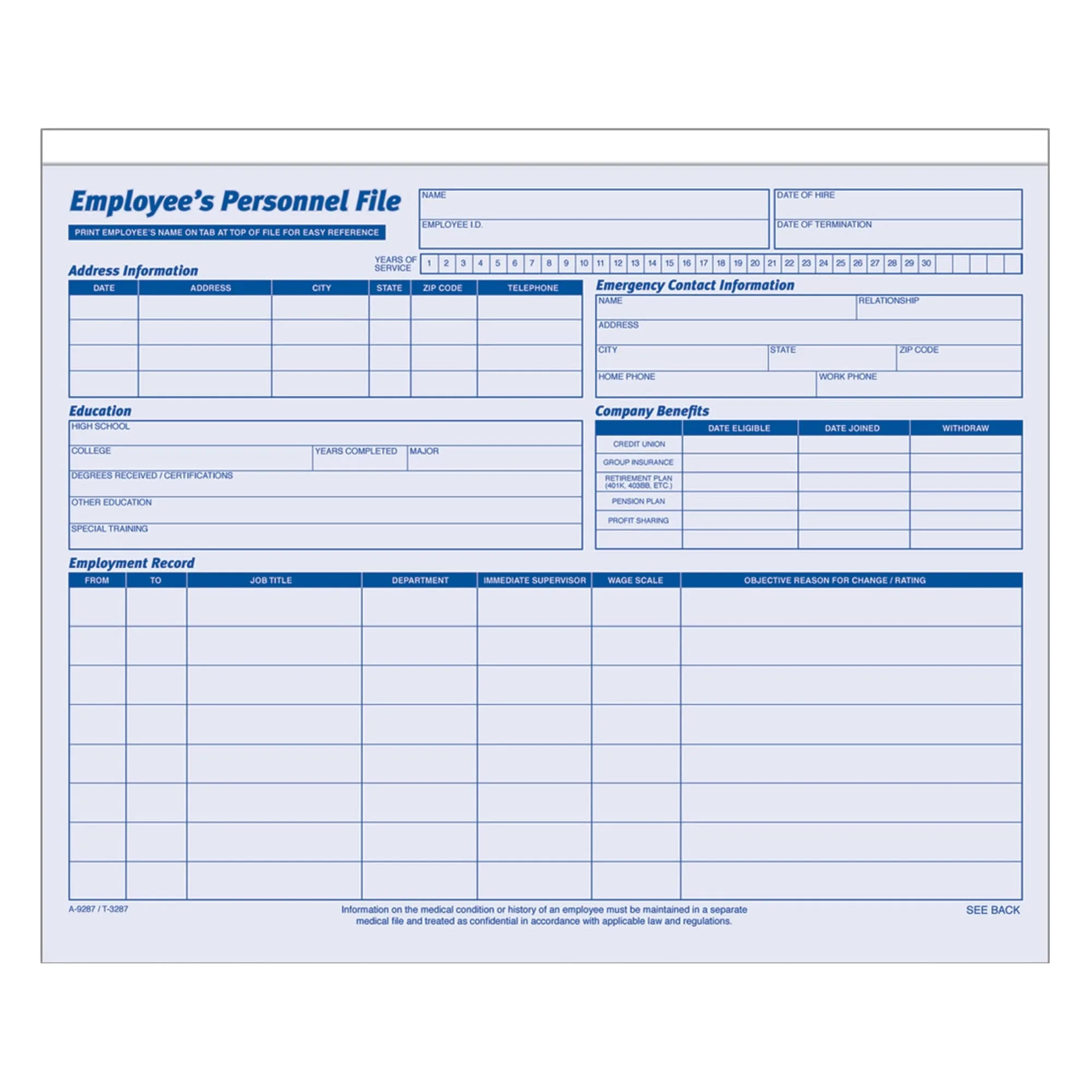 Adams Employee Personnel File Folder, Heavy Card Stock, 11-3/4 x 9-1/2 in, Pack of 20