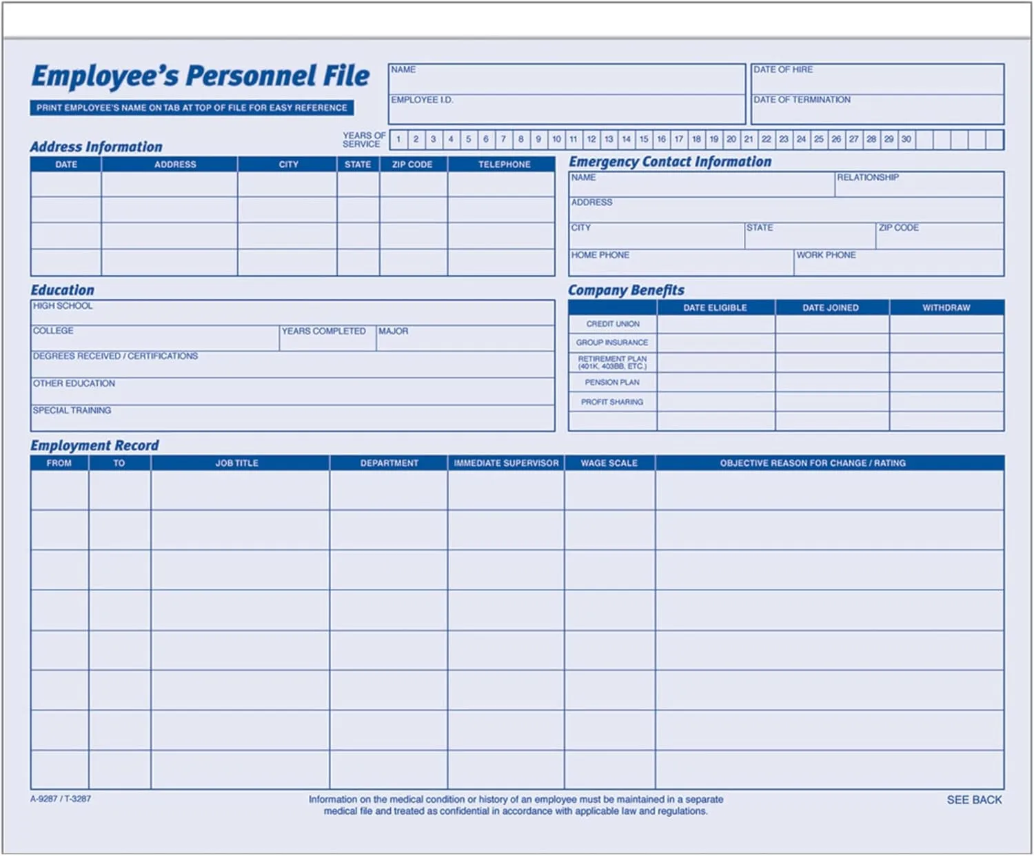 Adams Employee Personnel File Folder, Heavy Card Stock, 11-3/4 x 9-1/2 in, Pack of 20