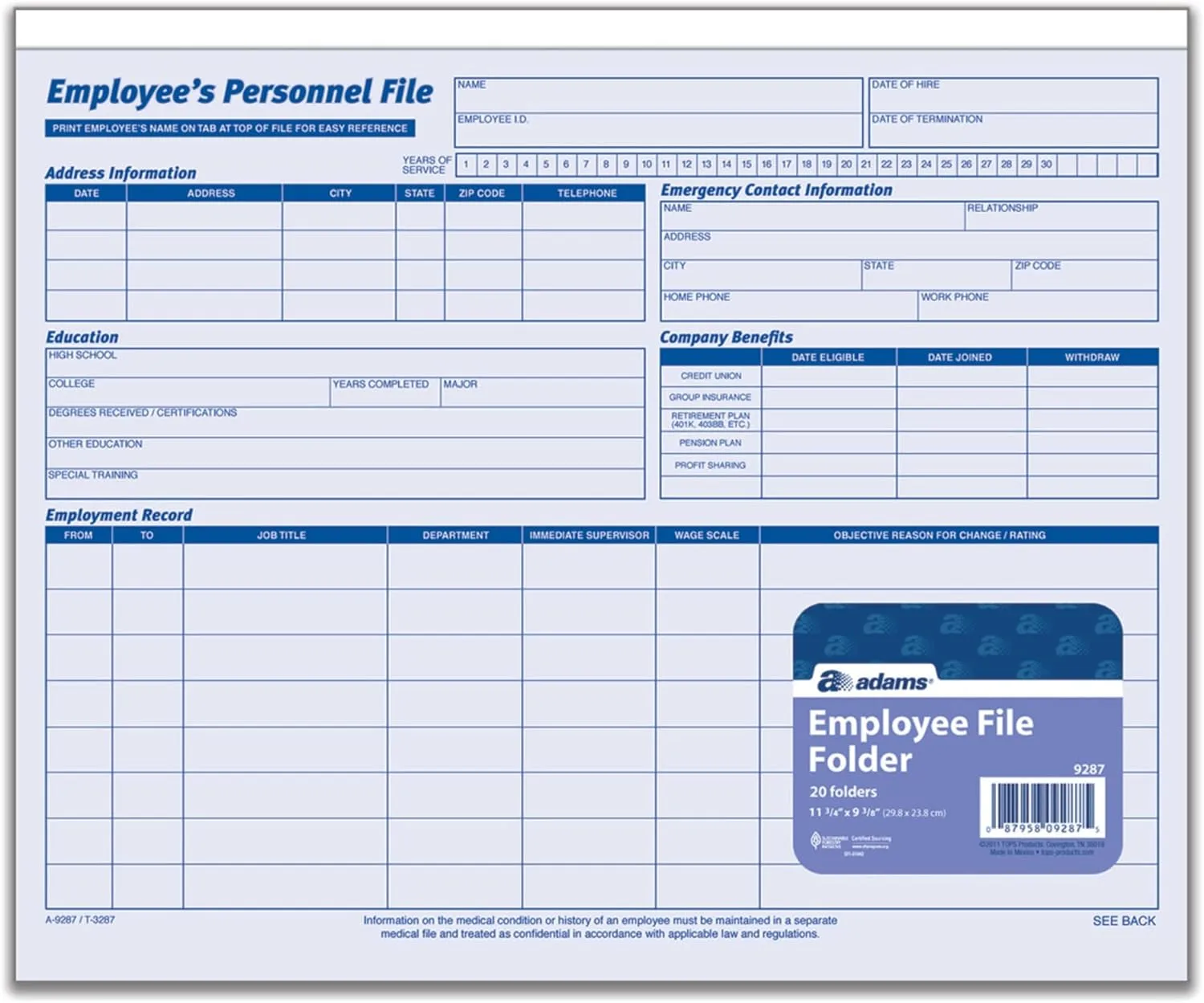 Adams Employee Personnel File Folder, Heavy Card Stock, 11-3/4 x 9-1/2 in, Pack of 20
