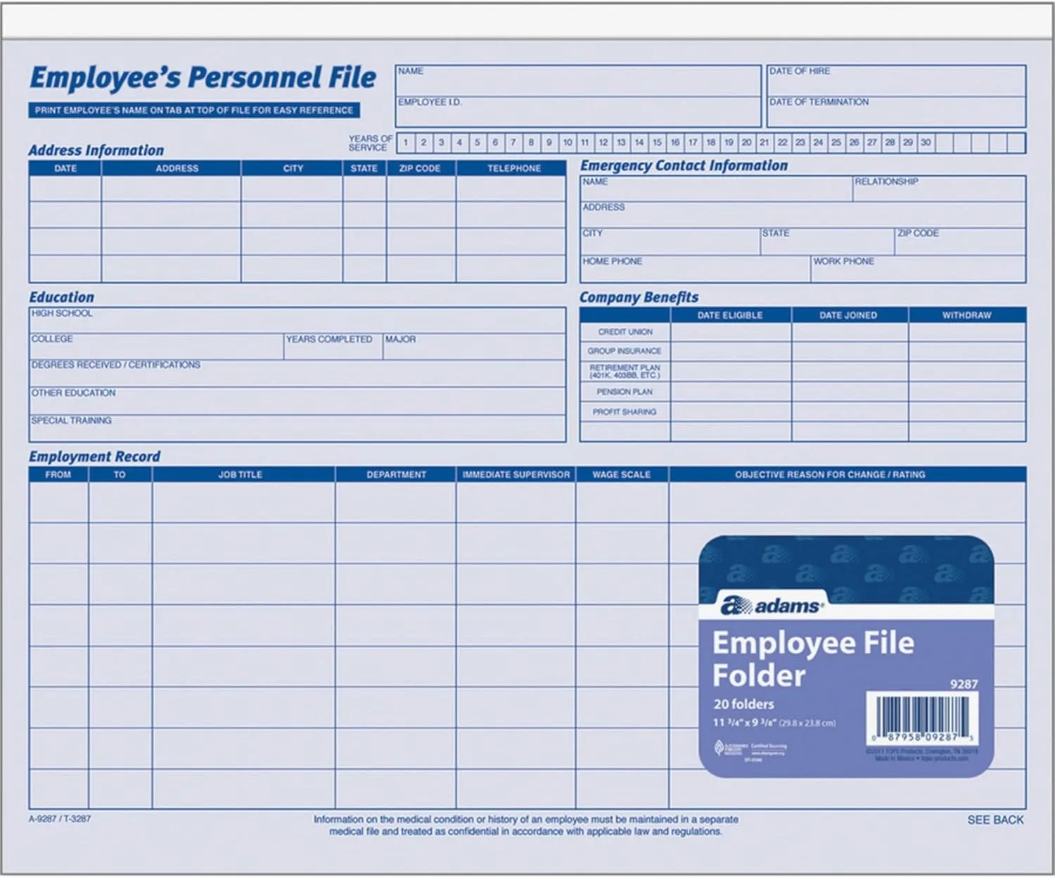 Adams Employee Personnel File Folder, Heavy Card Stock, 11-3/4 x 9-1/2 in, Pack of 20