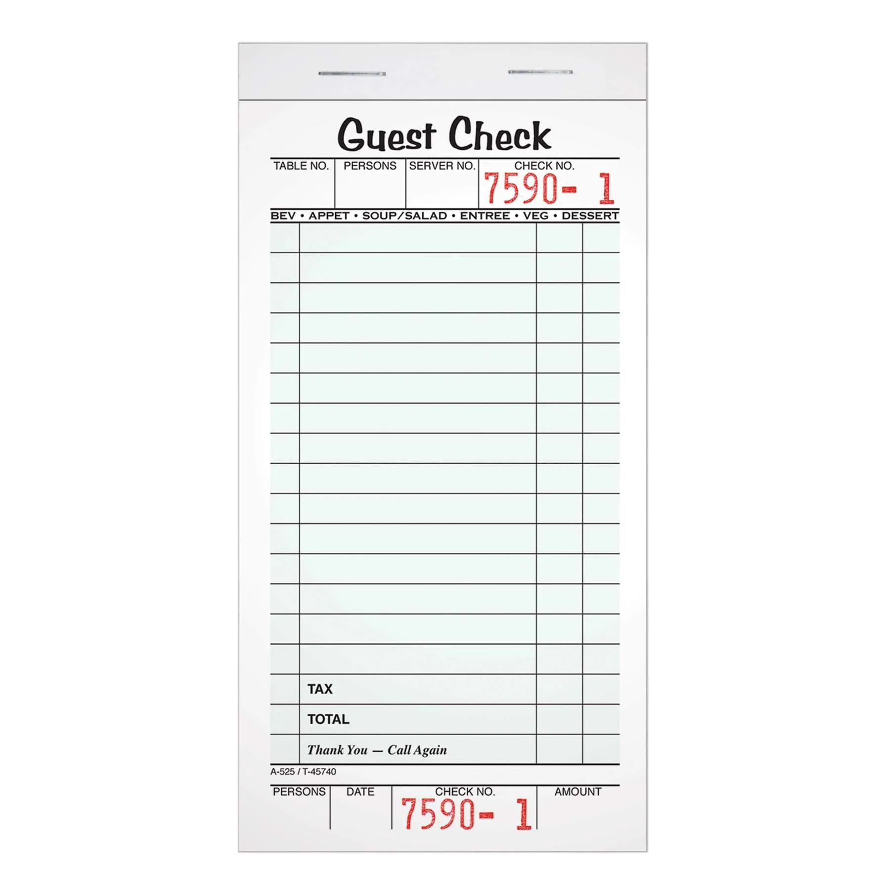Adams Guest Check Pads, Single Part, Perforated Guest Receipt, 3-2/5" x 6-1/4", 50 Sheets per Pad, 10 Pack (525SW), White