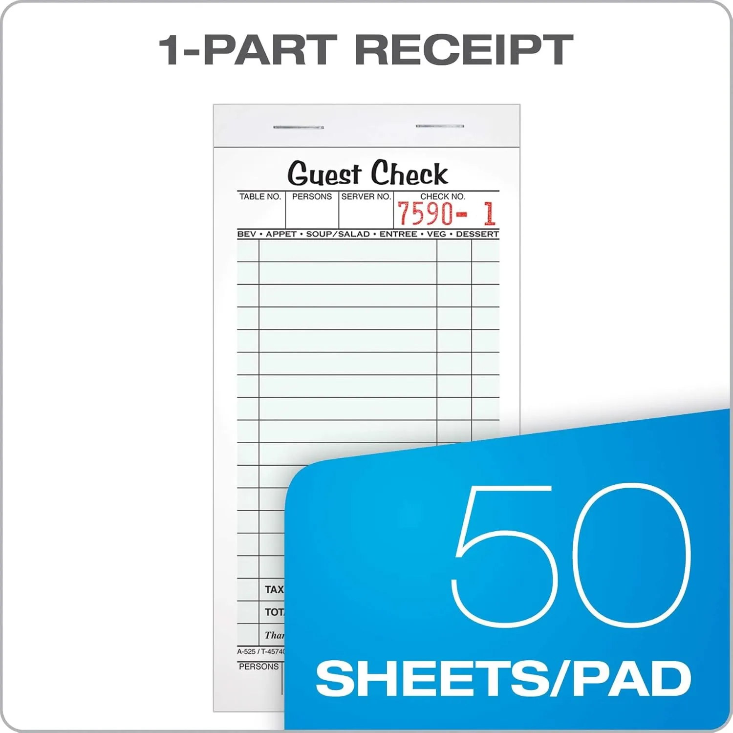 Adams Guest Check Pads, Single Part, Perforated Guest Receipt, 3-2/5" x 6-1/4", 50 Sheets per Pad, 10 Pack (525SW), White