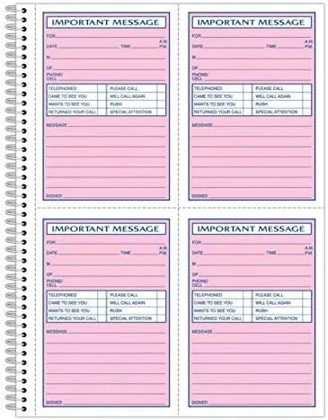 Adams Phone Message Book, 8.06 x 11 Inch, Spiral Bound, 2-Part, Carbonless, 4 Messages per Page, 400 Sets, White and Canary (S1187D)
