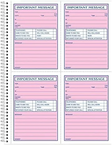 Adams Phone Message Book, 8.06 x 11 Inch, Spiral Bound, 2-Part, Carbonless, 4 Messages per Page, 400 Sets, White and Canary (S1187D)