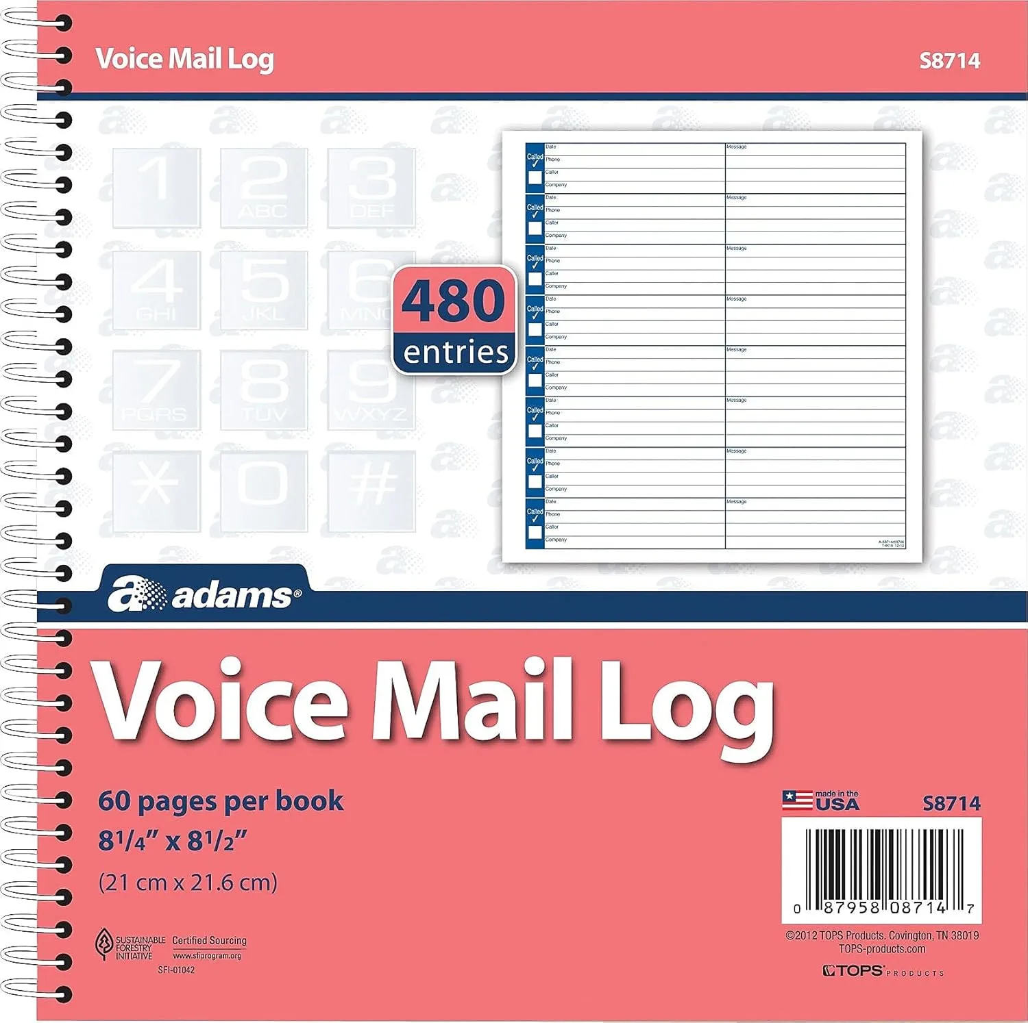 Adams Voice Mail Log Book, 8.5 x 8.25 in, 480 Messages, 2-Pack