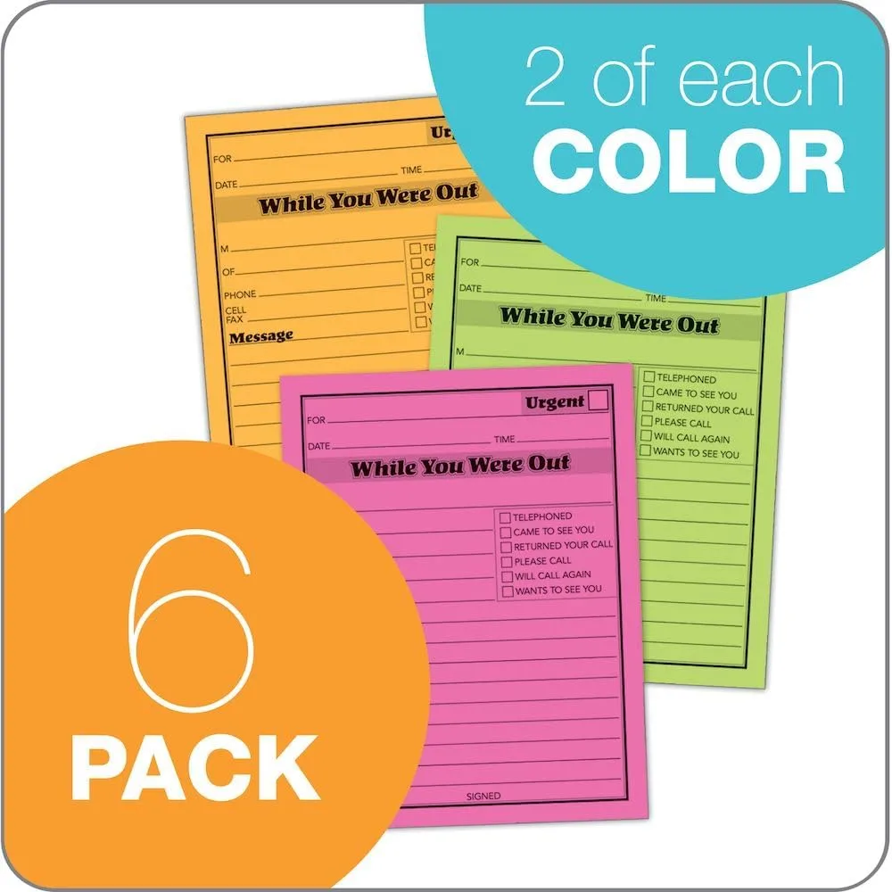 Adams While You Were Out Pads, 4.25 x 5.25 Inches, Assorted Neon Colors, 50 Sheets/Pad (6-Pack) (9711NEON)