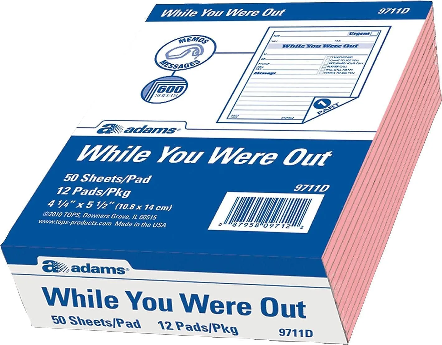 Adams While You Were Out Pads, 4.25 x 5.5 Inches, Pink, 50 Sheets per Pad, 12 Pads per Pack (9711D) 1 Pack