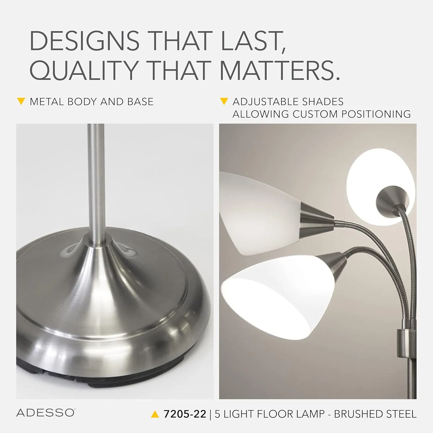 Adesso 7205-22 Multi-White Shade Floor Lamp, Adjustable Gooseneck Arms, Silver