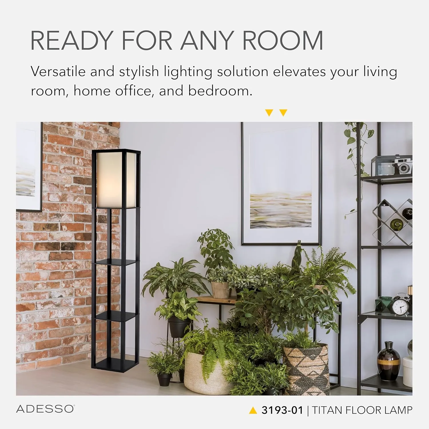 Adesso Square Floor Lamp with 3-Tier Open Shelves, Black Base, Fabric Shade, 72” T x 10.5” W, Extended Length Cord