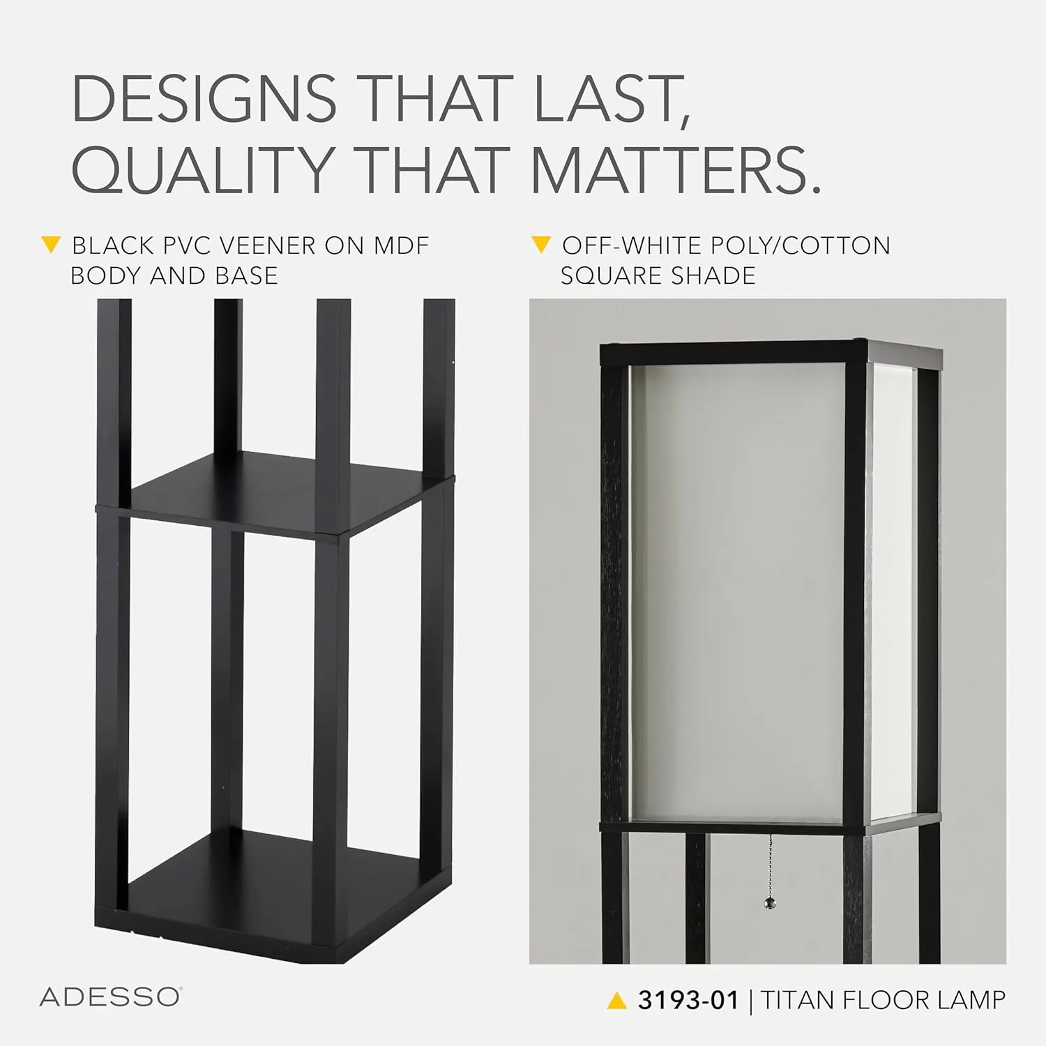 Adesso Square Floor Lamp with 3-Tier Open Shelves, Black Base, Fabric Shade, 72” T x 10.5” W, Extended Length Cord