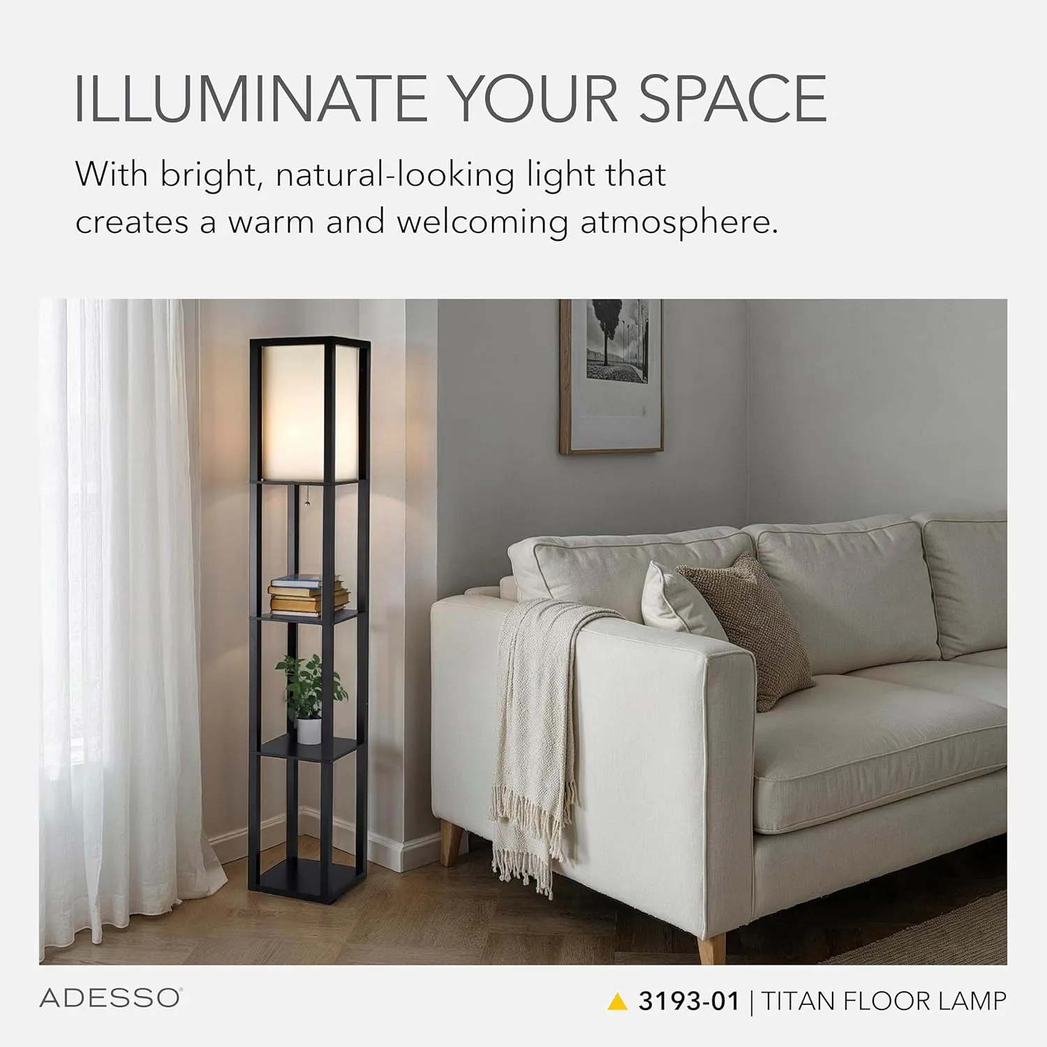 Adesso Square Floor Lamp with 3-Tier Open Shelves, Black Base, Fabric Shade, 72” T x 10.5” W, Extended Length Cord