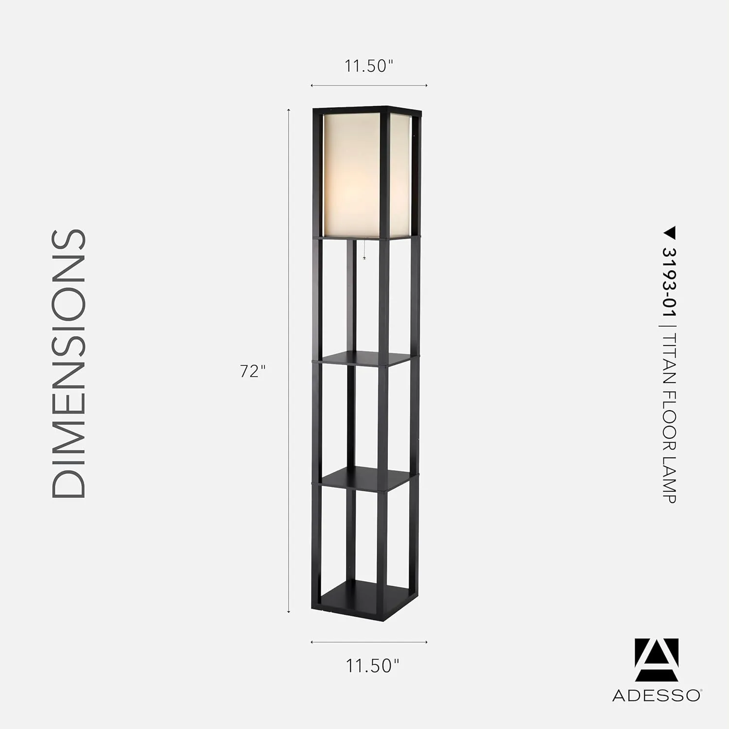 Adesso Square Floor Lamp with 3-Tier Open Shelves, Black Base, Fabric Shade, 72” T x 10.5” W, Extended Length Cord