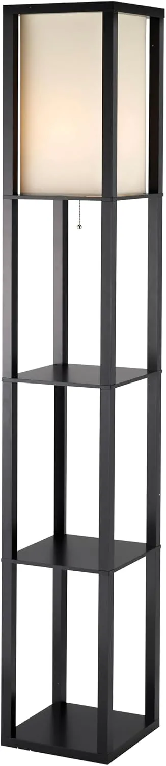 Adesso Square Floor Lamp with 3-Tier Open Shelves, Black Base, Fabric Shade, 72” T x 10.5” W, Extended Length Cord