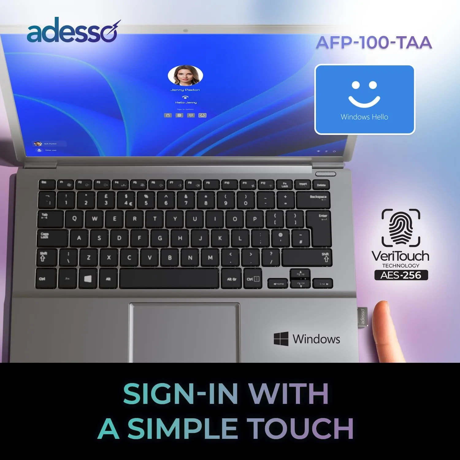 Adesso USB Fingerprint Reader Windows Hello Compatible Built-in Biometric Security AES256 Encryption Made in Taiwan TAA