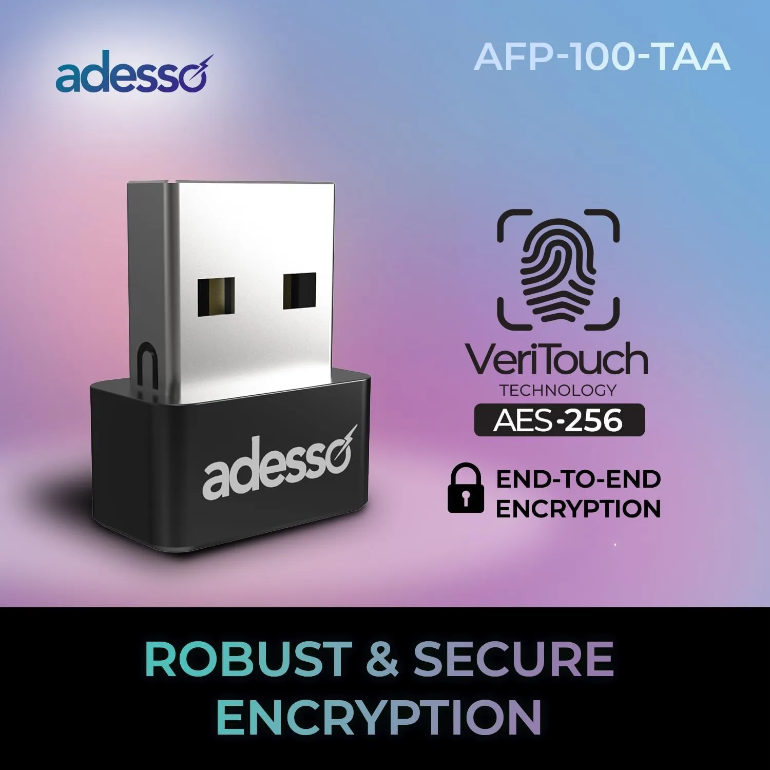 Adesso USB Fingerprint Reader Windows Hello Compatible Built-in Biometric Security AES256 Encryption Made in Taiwan TAA