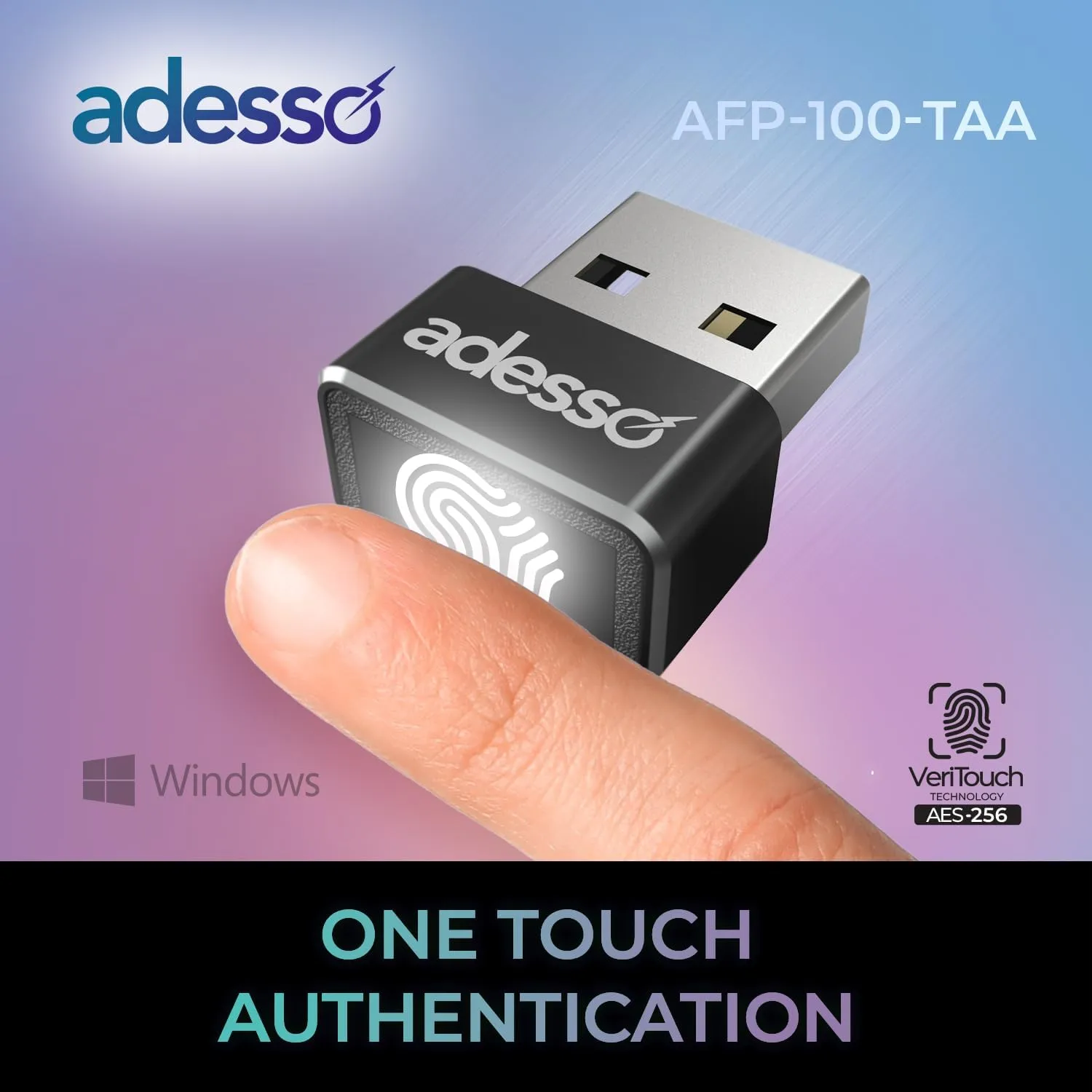 Adesso USB Fingerprint Reader Windows Hello Compatible Built-in Biometric Security AES256 Encryption Made in Taiwan TAA