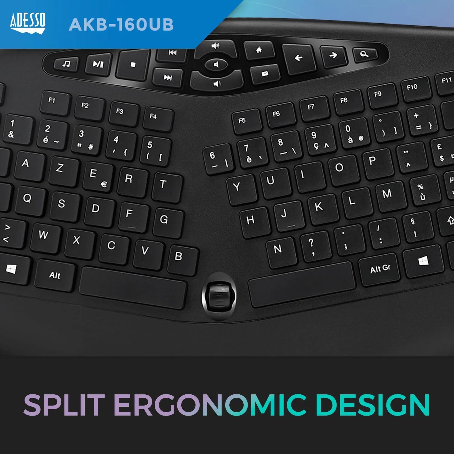 AKB-160UB Wired Ergonomic Keyboard with Integrated Palm Rest, Chiclet Keycaps, and Multimedia Hotkeys