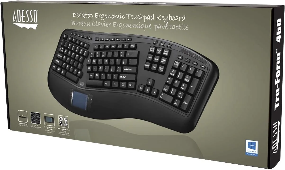 AKB-450UB - Ergonomic Keyboard with Built-in Touchpad, Wired, Multimedia Hotkeys, Split Keys Design