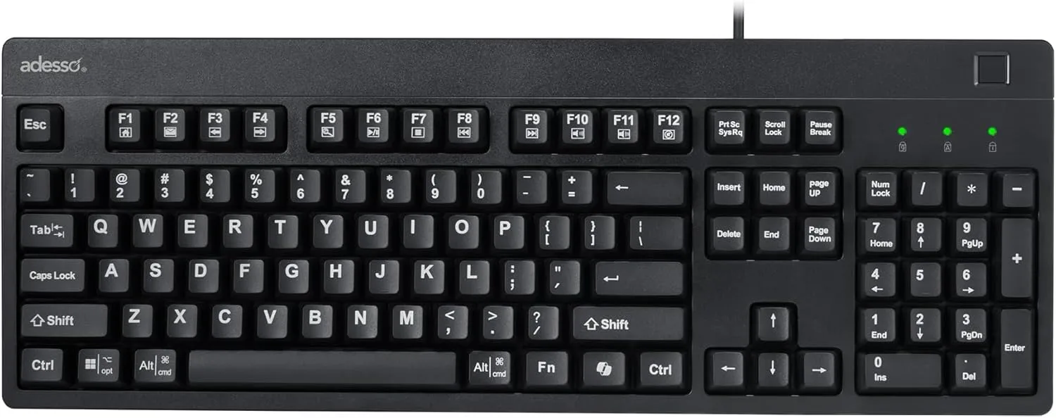 Adesso TAA Compliant Fingerprint Keyboard with AES 256 Encryption USB Wired Full Size 104 Key Layout Windows Hello