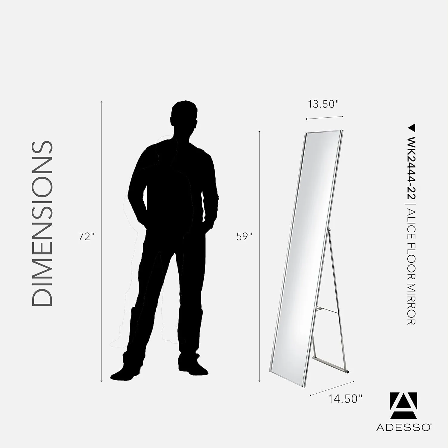 Adesso Alice Floor Mirror, Freestanding, Full Length Mirror with Foldable Kickstand, Lightweight, Brushed Steel Frame