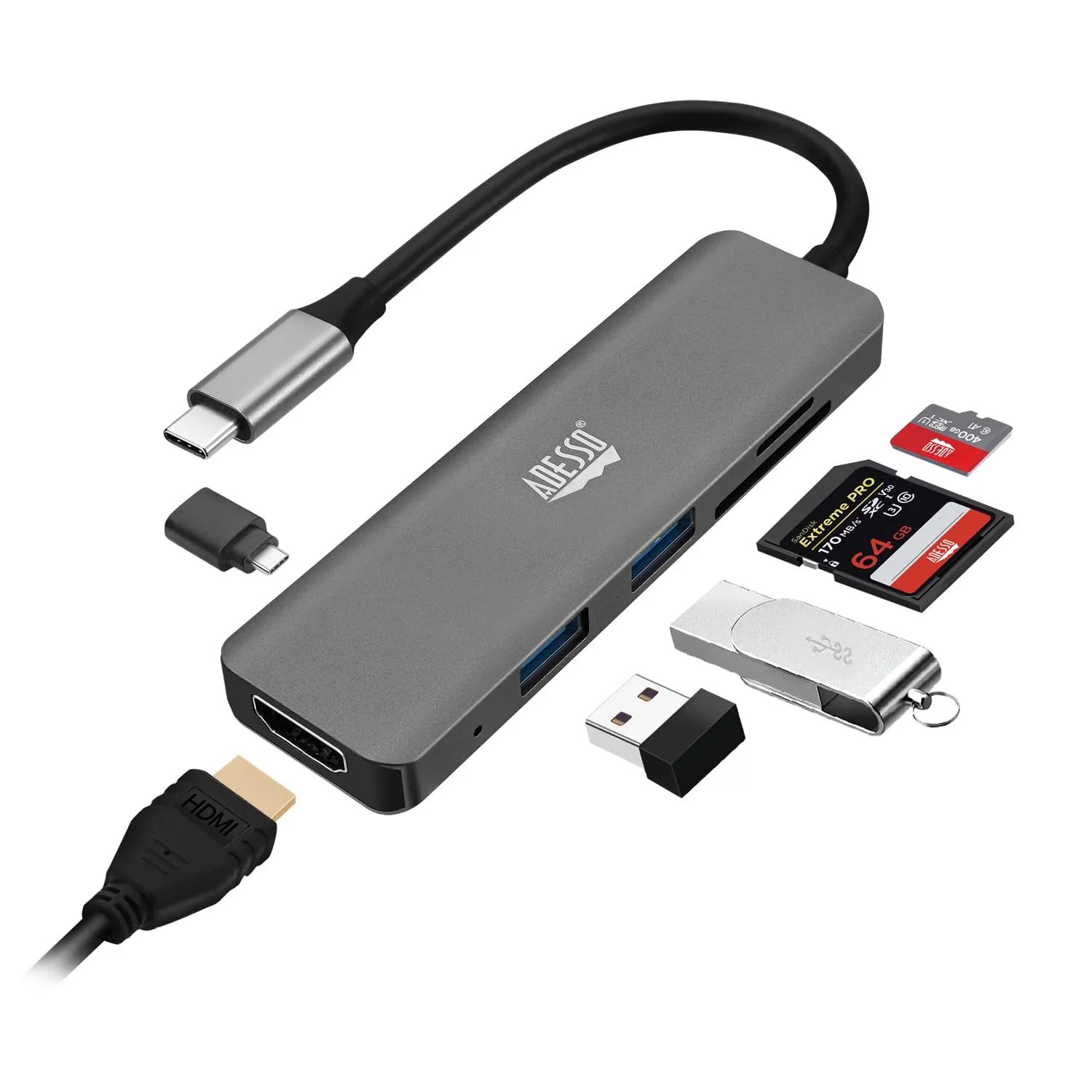 Adesso USB C Docking Station Multiport Adapter Dongle Type C Hub HDMI Support 4K@30Hz, PD Charging, 2*USB, SD/TF Card Reader for MacBook Windows Laptop (TAA Compliant)