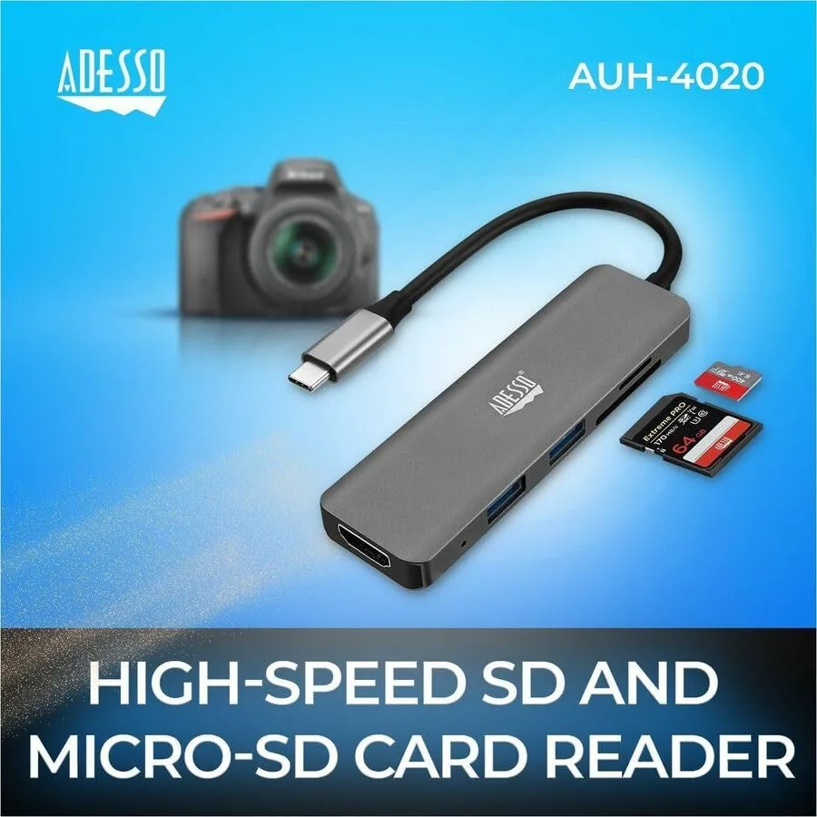 Adesso USB C Docking Station Multiport Adapter Dongle Type C Hub HDMI Support 4K@30Hz, PD Charging, 2*USB, SD/TF Card Reader for MacBook Windows Laptop (TAA Compliant)